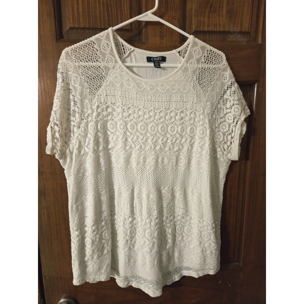 Chaps White Crochet Short-Sleeve Blouse Top 2X Sheer Sleeves Round Hem